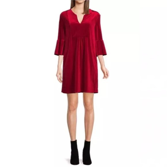 NEW Jude Connally Size Small Dress Kerry Velvet Ruby Red V Neck Stretch Pockets - Picture 2 of 14